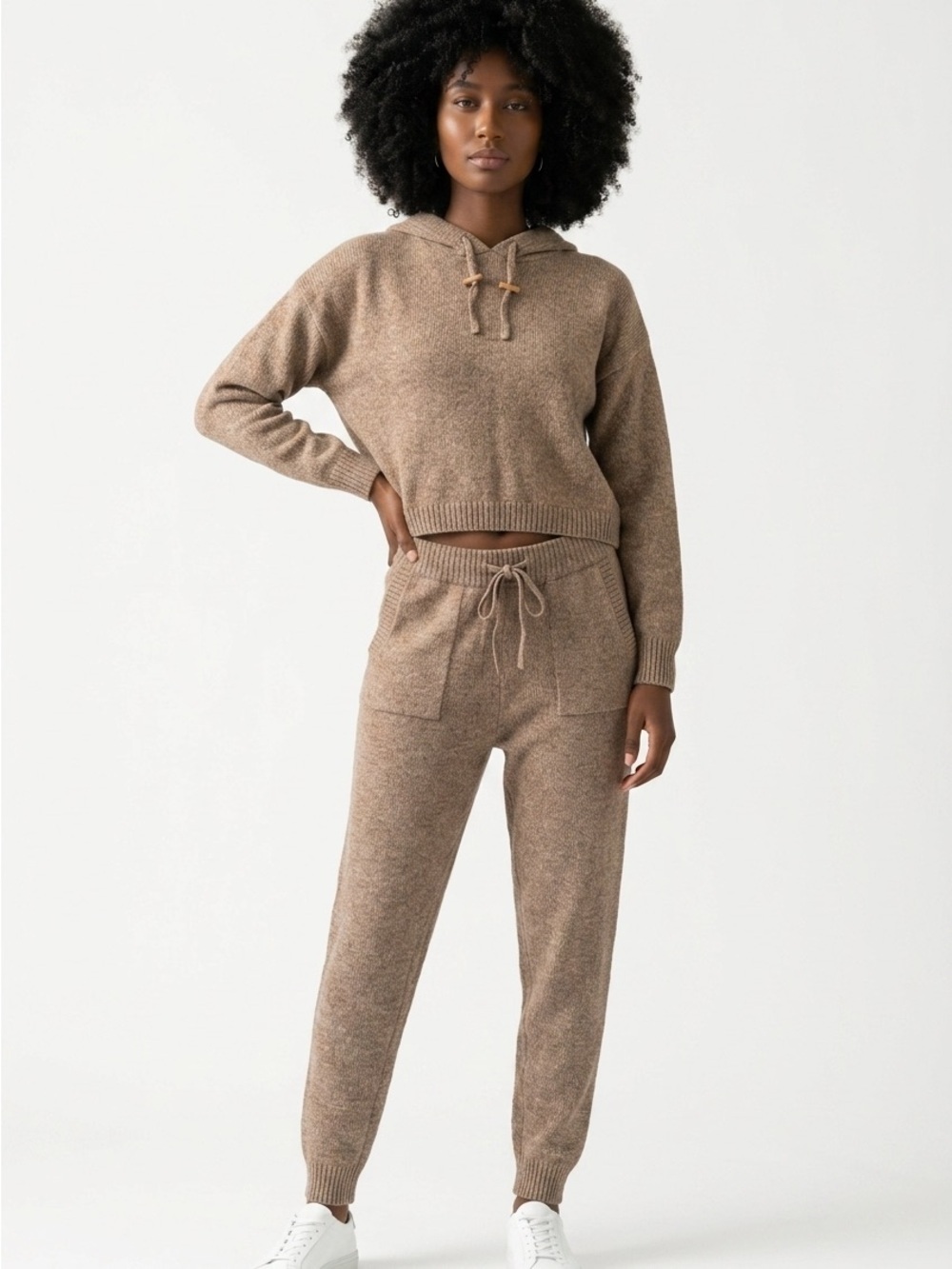 Neutral Ribbed Knit Hoodie Set - Warm Taupe Tone